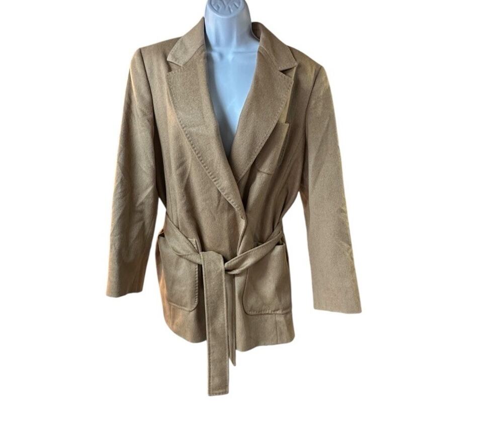 Max Mara Camel Hair Wrap Blazer Belted Button Jacket Size 14 US